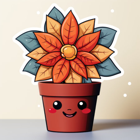A cartoon potted plant with a happy face. Digital image. Emoji cartoon face. Poinsettia, christmas star.の素材