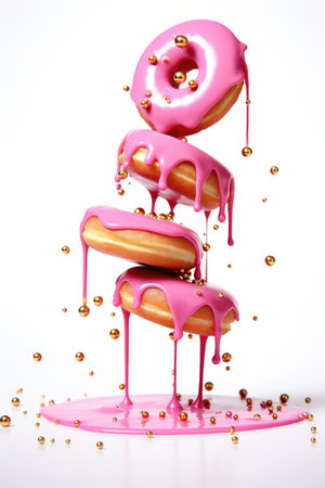 A pink donut with icing and sprinkles falling off of it.の素材