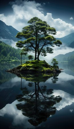 A lone tree on a small island in the middle of a lake.の素材