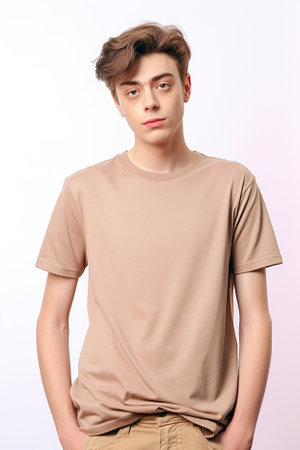 Beige t-shirt mockup for teens and young adults, model wearing blank tshirt with space for your design, lettering or logo.の素材