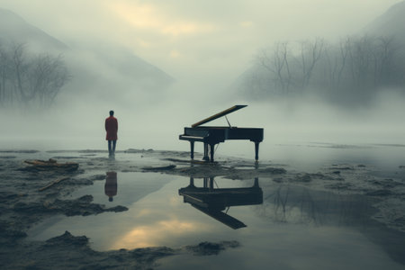 A man standing next to a piano on a lake.の写真素材