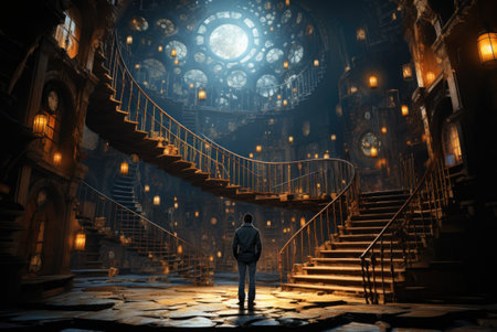 A man standing in a dark room with stairs.の素材