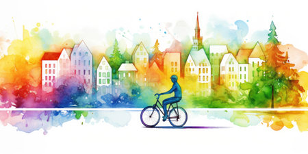 A watercolor painting of a person riding a bike. Digital image. Rainbow colored sustainable green city.の素材