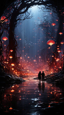 A man and a woman walking through a forest with glowing mushrooms.