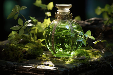 A green glass bottle sitting on top of a wooden table.の写真素材