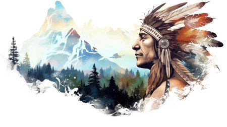 A painting of a man wearing a headdress with mountains in the background. Digital image. Tribal spirit, panoramic image.の素材