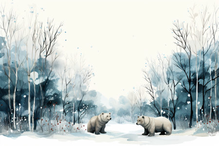 A couple of bears standing in the snow. Winter greeting card design, wintertime background with copy space, place for text.の素材