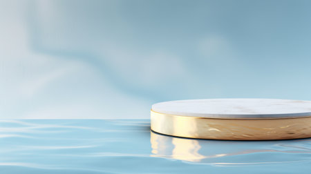 A white pedestal with a gold edge on a blue background. Digital image. Beauty product mockup.の素材