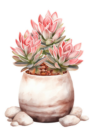 A watercolor painting of a potted plant with pink flowers. Digital image. Stone rose Echeveria plant.の素材