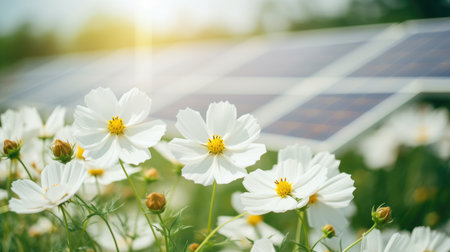 A field of white flowers with a solar panel in the background. Digital image.の素材