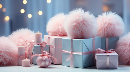 A bunch of fluffy pink and white christmas decor and gifts on a table. Digital image.の素材