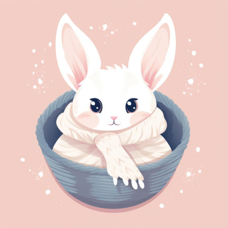 A white rabbit sitting in a blue bowl. Digital image. Pets, winter clipart.の素材