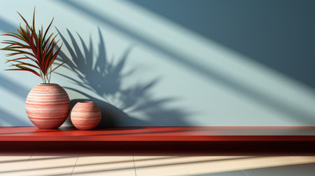 Empty pedestal, podium in blue and orange colors, beauty product mockup, mediterranean feel.の素材