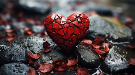 A red heart sitting on top of a pile of rocks. Digital image.の素材