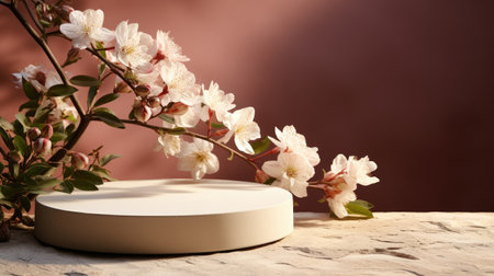 A white plate sitting on top of a table. Digital image. Podium, stage with spring flowers.の素材