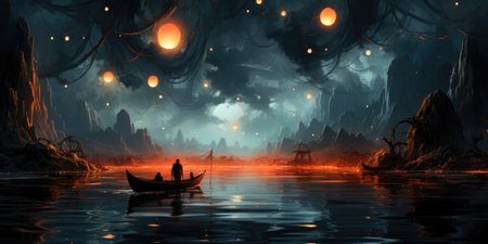 A couple of people in a boat on a lake.の写真素材