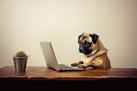 A pug dog sitting at a table with a laptop. Digital image.の素材