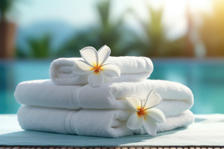 Spa, wellness setting, towels with frangipani flowers.の素材