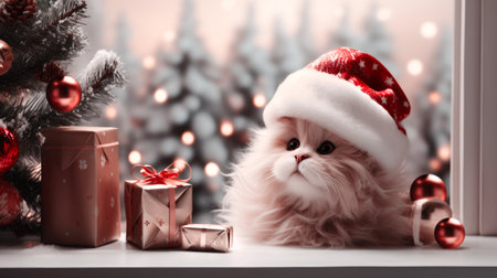 A cat wearing a santa hat sitting on a window sill. Digital image. Christmas decor.の素材