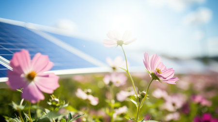 A field of flowers with a solar panel in the background. Digital image.の素材