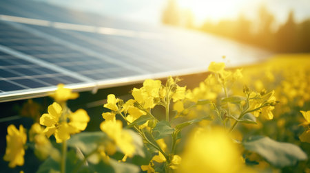 A field of yellow flowers with a solar panel in the background. Digital image.の素材