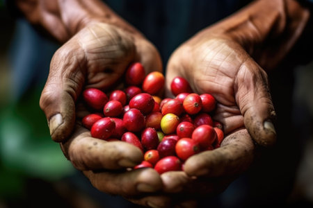 A person holding a handful of coffee beans. Digital image.の素材