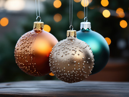 Three christmas ornaments hanging from strings on a table. Digital image. Christmas decor.の素材