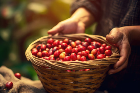 A person holding a basket full of coffee beans. Digital image. Hands with a basket.の素材
