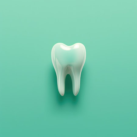 A white tooth on a green background. Digital image.の素材