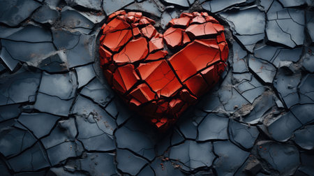A broken red heart sitting on a cracked surface. Digital image.の素材