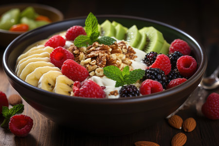 A bowl of yogurt topped with fruit and nuts. Digital image.の素材