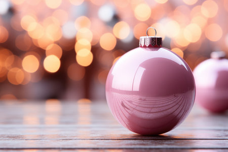 A pink ornament sitting on top of a wooden table. Digital image. Christmas decor.の素材