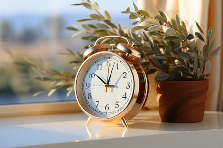 A clock sitting next to a potted plant on a window sill. Digital image.の素材