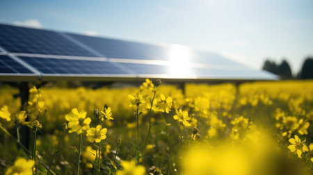 A field of yellow flowers with a solar panel in the background. Digital image.の素材