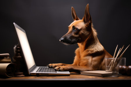 A dog sitting at a desk with a laptop. Digital image.の素材