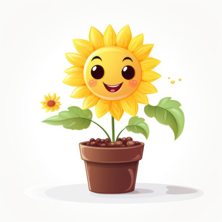 A cartoon sunflower in a pot with a happy face. Digital image.の素材
