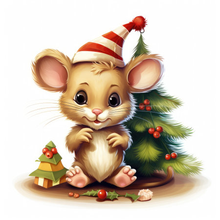 A cartoon mouse with a christmas tree in the background. Digital image.の素材