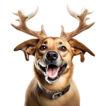 A close up of a dog with antlers on its head. Digital image.の素材