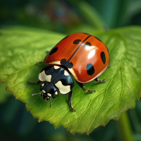 A lady bug sitting on top of a green leaf. Digital image.の素材
