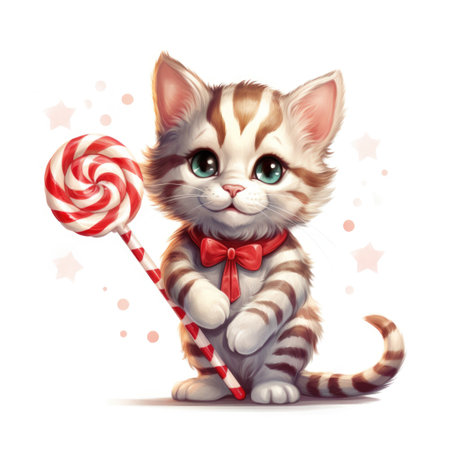 A cat with a bow tie holding a lollipop. Digital image.の素材