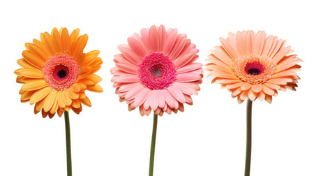 A group of three different colored flowers on a white background. Digital image.の素材