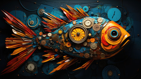 A fish made out of metal gears and gears. Digital image.の素材
