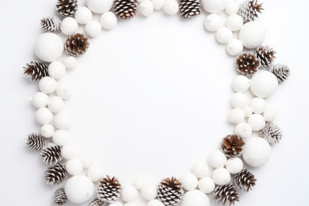 A wreath made of white balls and pine cones. Digital image.の素材