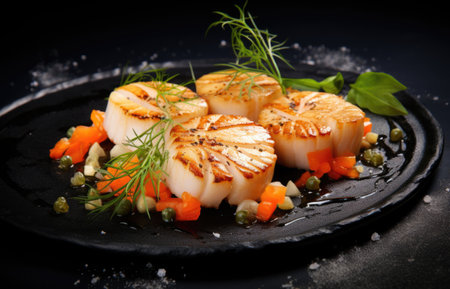 A black plate topped with scallops and vegetables. Digital image.の素材