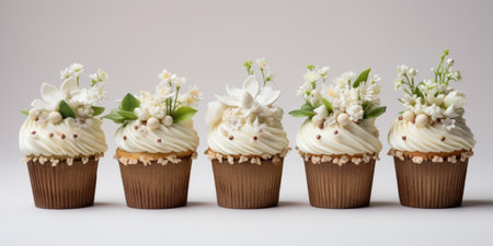 A row of cupcakes with white frosting and flowers. Digital image. Panoramic banner.の素材