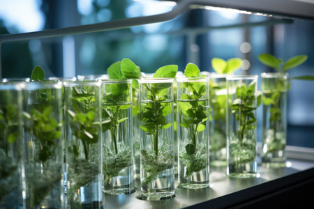 A row of glass vases filled with plants. Imaginary illustration.の素材