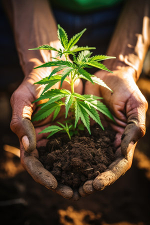 A person holding a marijuana plant in their hands. Imaginary illustration.の素材