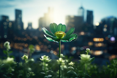 A green flower with a city in the background. Imaginary illustration. Sustainable future concept.の素材