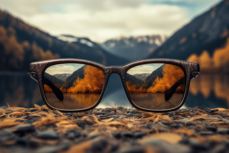 A pair of sunglasses sitting on top of a rocky beach. Imaginary illustration.の素材