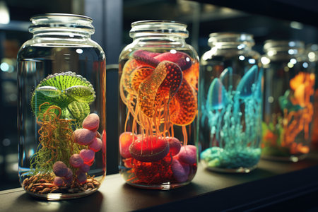 A row of glass jars filled with different types of jellys. Imaginary illustration.の素材